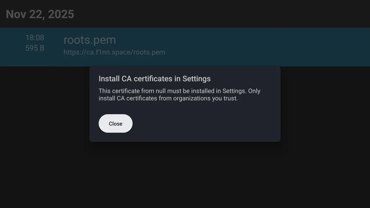 Popup with title 'Install CA certificates in Settings' and subtext 'This certificate from null must be installed in Settings. Only install CA certificates from organizations you trust.'