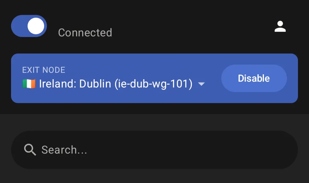 Screenshot of Tailscale mobile app with current exit node 'Ireland: Dublin (ie-dub-wg-101)' being displayed.